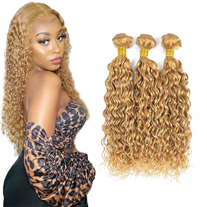 18 20 22 Inch Blonde Bundles Human Hair #27 Honey Blonde Water Wave 3 Bundle Unprocessed Brazilian virgin hair Weave Extensions Double Weft 50 Grams/Bundle Colored Blonde Bundles for Woman