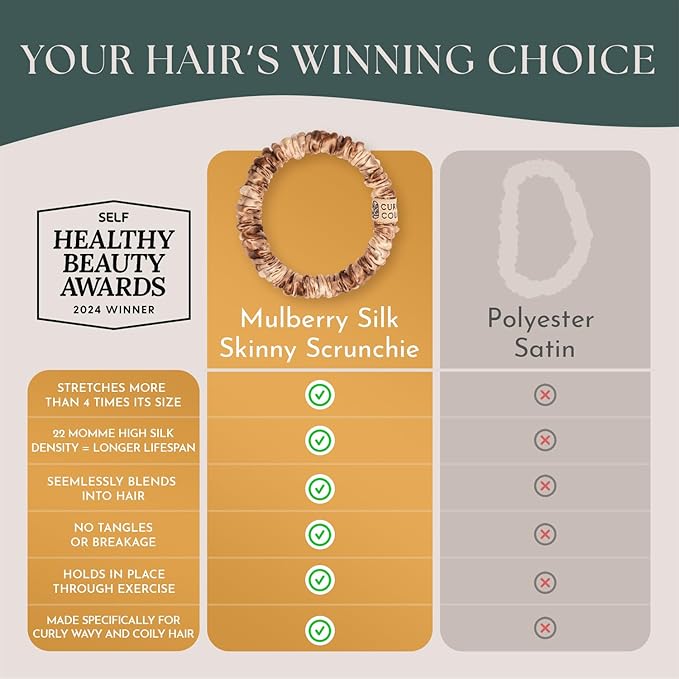 Authentic Mulberry Silk Skinny Hair Match Scrunchies for Women, Anti Breakage Hair Ties for Curly Thick & Thin Hair, 100% Silk for Buns, Sleep & Ponytail, Honey/Deep Bronde (4 Pack)