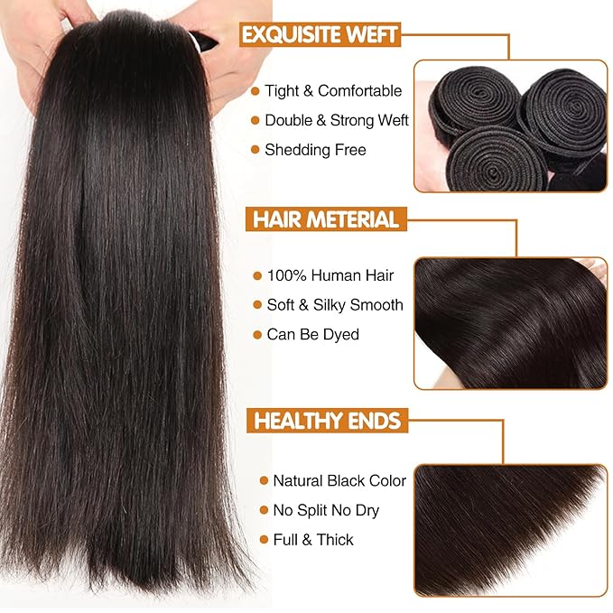Straight Bundles Human Hair 100% Unprocessed Brazilian Virgin Hair 3 Bundles 22 24 26 Inch Human Hair Quick Weave Bundles Extension for Women Natural Color