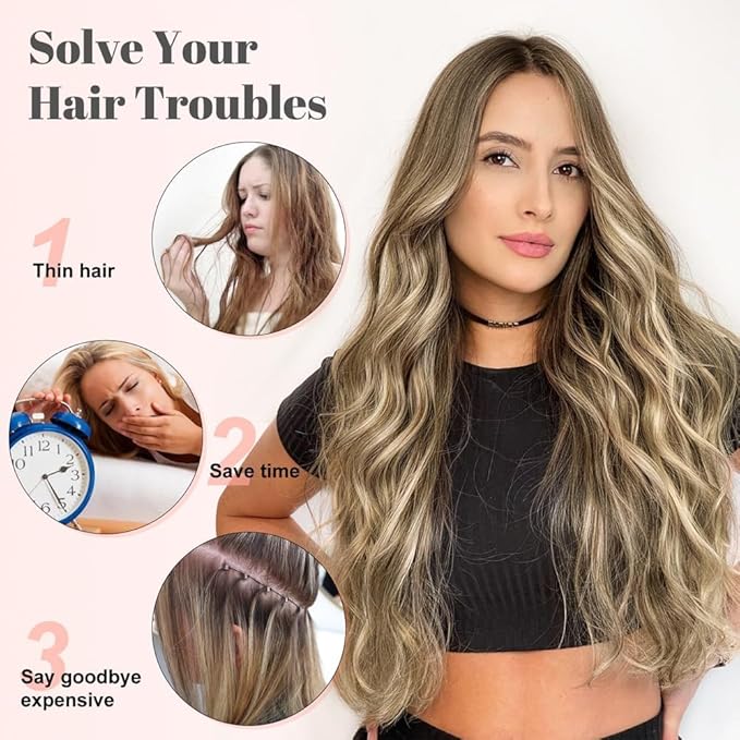 ALXNAN Clip in Long Wavy Synthetic Hair Extension 16 Inch Brown with Blonde Highlights 4PCS Thick Hairpieces Fiber Double Weft Hair for Women