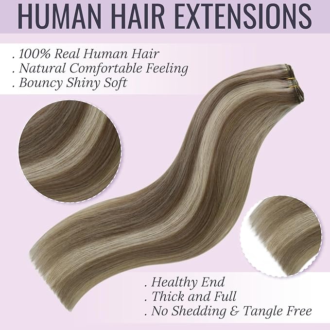 Fshine Sew in Real Human Hair 14 Inch 100 Gram Light Brown Highlighted Platinum Blonde Weft Remy Hair Extensions Double Weft Sew in for Women