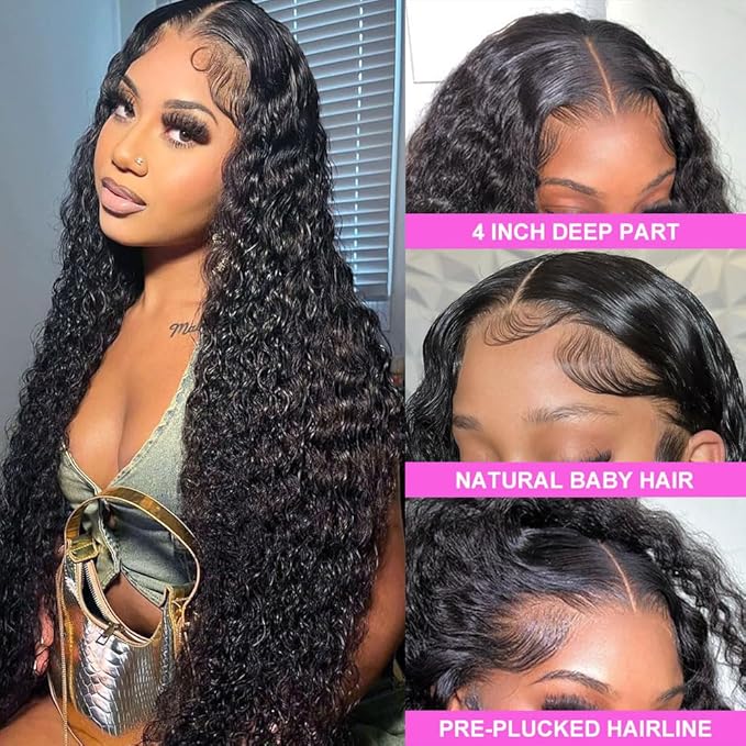 Deep Wave Lace Front Wigs Human Hair 200 Density 4x4 Glueless Wigs Human Hair Pre Plucked HD Transparent Lace Closure Human Hair Wigs for Black Women Natural Color (4x4, 22-inch)