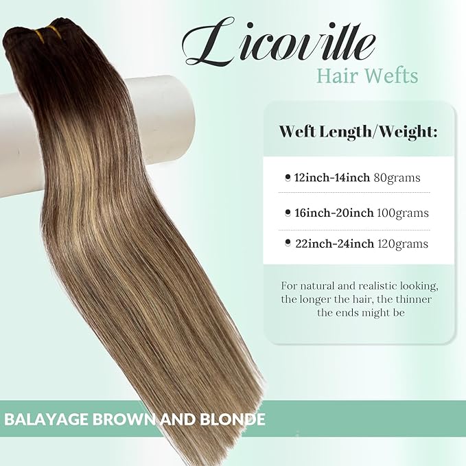 Sew in Hair Extensions Real Human Hair Medium Brown Mixed Caramel Blonde Balayage Weft Hair Extensions Human Hair 18 inch 100G Straight Bundle Double Weft Sew in Wefts Brown with Blonde Highlights