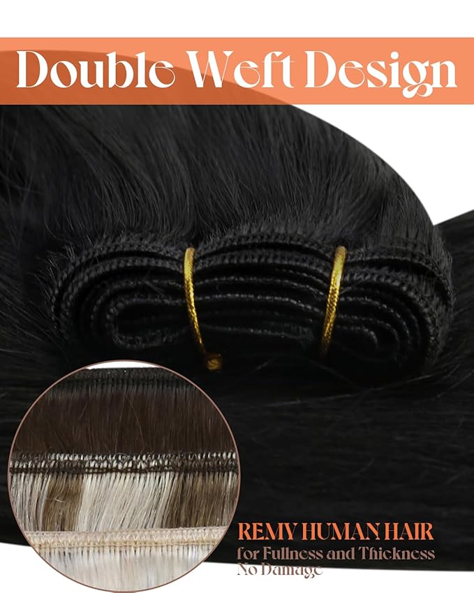 Sunny Hair Human Hair Extensions Sew in 120g Black Weft Hair Extensions Human Hair Jet Black Sew in Extensions Real Human Hair Bundle Remy Hair Extensions for Women Full Head 18inch
