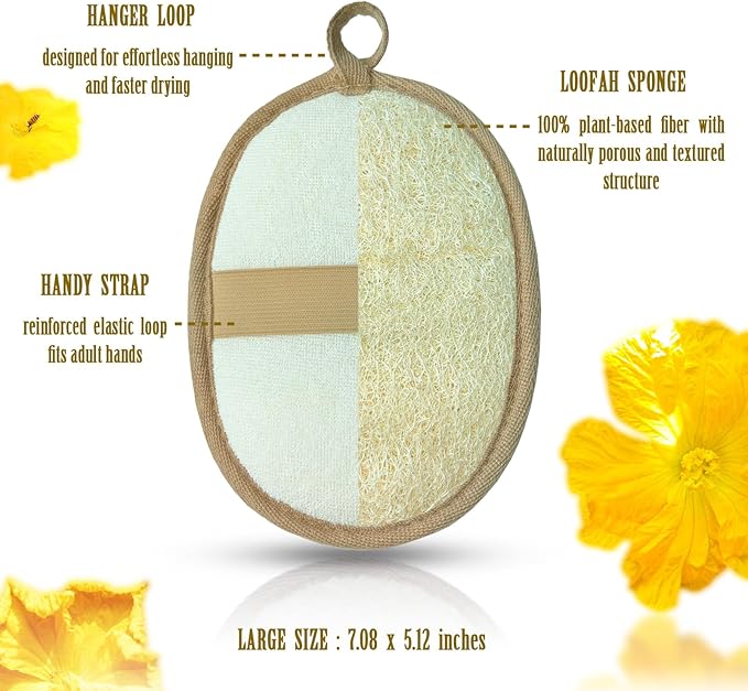 Natural Loofah Body Scrubber for Sensitive & All Skin Types, Made with Egyptian Organic Luffa, Biodegradable Gentle Exfoliating Bath Loofah for Women & Men, Large Size Shower Loofah 2 Pack