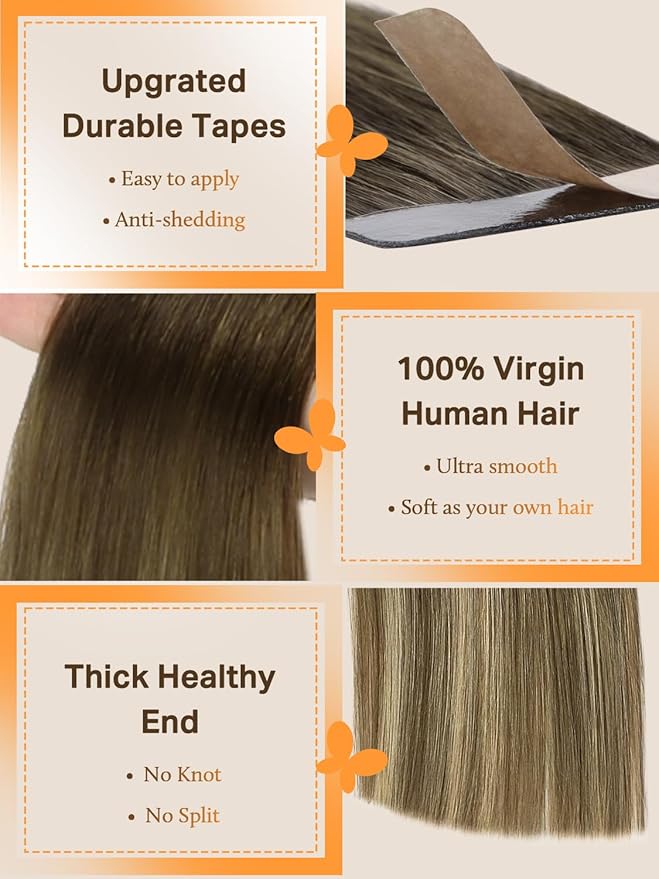 DOORES Hair Extensions Real Human Hair, Balayage Walnut Brown to Ash Brown and Bleach Blonde 26 Inch 20pcs 60g, Human Hair Extensions Tape in Real Hair Extensions Straight