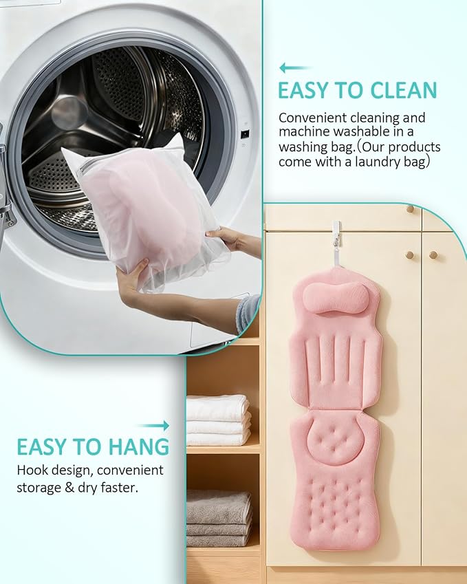 Full Body Bath Pillow for Bathtub, 5D Thick Tub Pillow for Bathtub with 192 Non-Slip Suction Cups, Laundry Bag & Hook, Bathtub Pillow for Head, Neck & Back Support (Pink, 51"*15")