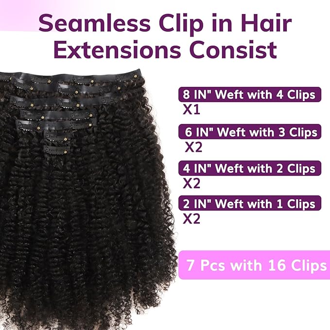 IDN BEAUTY Seamless Clip In Hair Extensions Human Hair, 3c 4a 4c Afro Kinky Curly 22 Inch 110g 7pcs Natural Black Seamless Curly Clip Ins Remy Hair Seamless Clip Ins For Black Women PU Invisible Edge