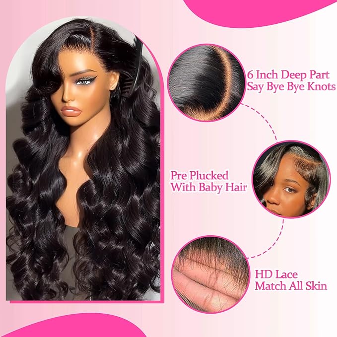 32 Inch 13x6 Lace Front Wigs Human Hair 200 Density Body Wave Lace Front Wigs Human Hair Brazilian Natural Black HD Lace Frontal Wigs Pre Plucked for Women