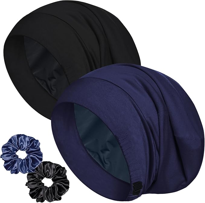 Sleep Cap Bonnet for Sleeping, Adjustable Cooling Ice Silk Lined Hair Bonnets for Natural Curly Braids Beanie Hat Women Men