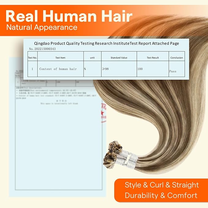 Full Shine U Tip Hair Extensions Human Hair Medium Brown Highlighted Blonde 22 Inch Fusion Hair Extensions Real Human Hair for Women Keratin Tip Extensions 50 Grams