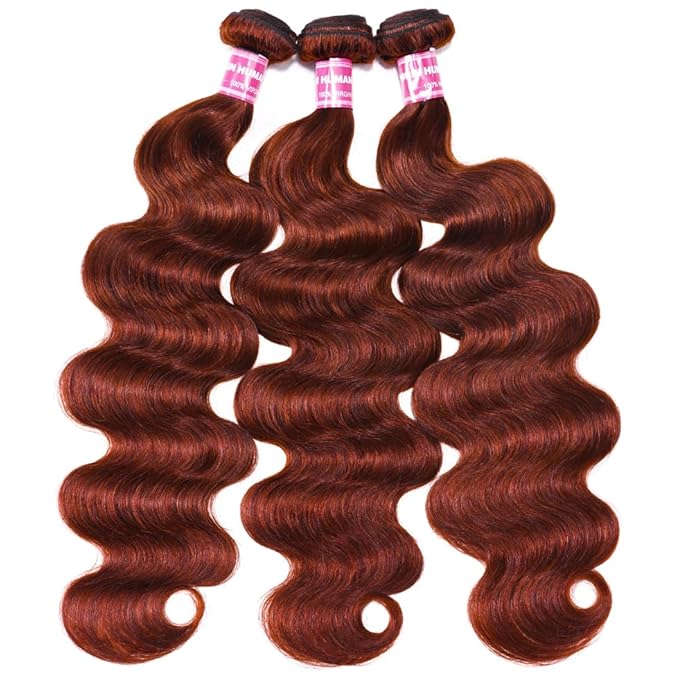 UNICE Reddish Brown Body Wave Human Hair Weave 3 Bundles 14 14 14 inch, Brazilian Remy Hair Auburn Brown Copper Red Human Hair Wavy Weaves for Sew in Extensions 33B Color