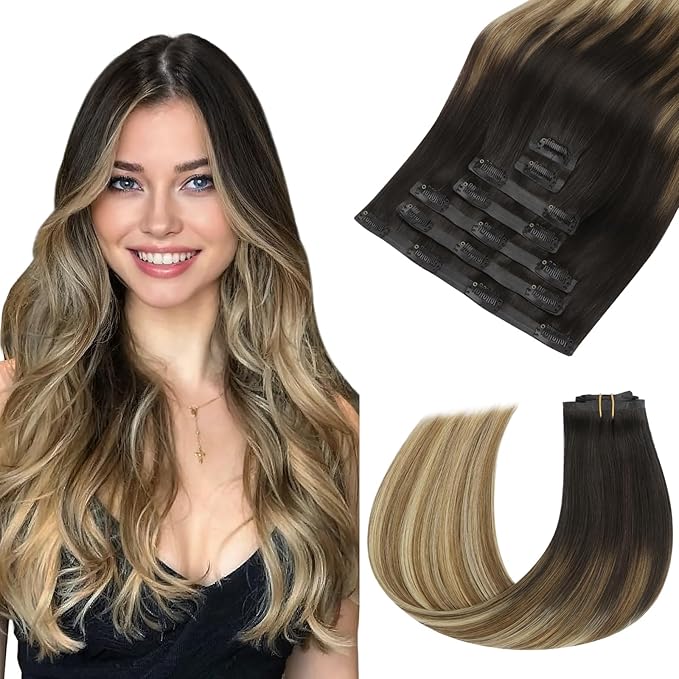 HOTBANANA Seamless Clip in Hair Extensions, 16 Inch 110g 7pcs Balayage Ombre Brown to Dirty Blonde Invisible PU Skin Weft Straight Remy Human Hair Extensions