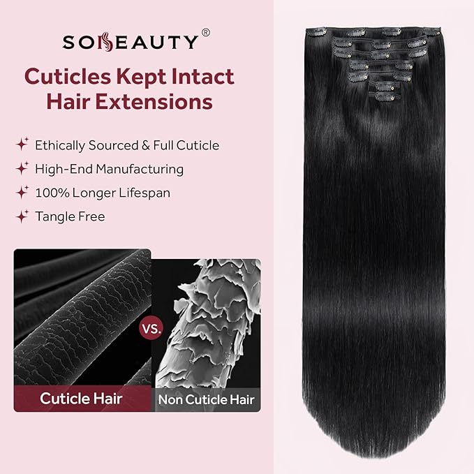 Clip in Hair Extensions Real Human Hair, Jet Black 100% Human Hair Extensions Clip in, Tangle-free Silky Straight Hair Extensions for Women, #1 22Inch 120G 7PCS