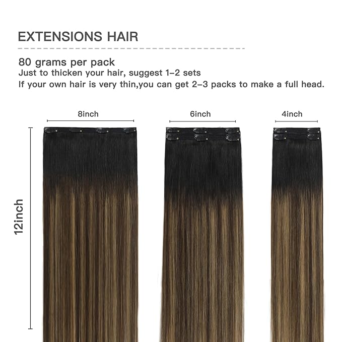 Clip in Hair Extensions Human Hair Ombre Clip in Extensions Balayage Natural Black to Chocolate Brown Mix Caramel Blonde Real Remy Human Hair 80g 5pcs 12inch