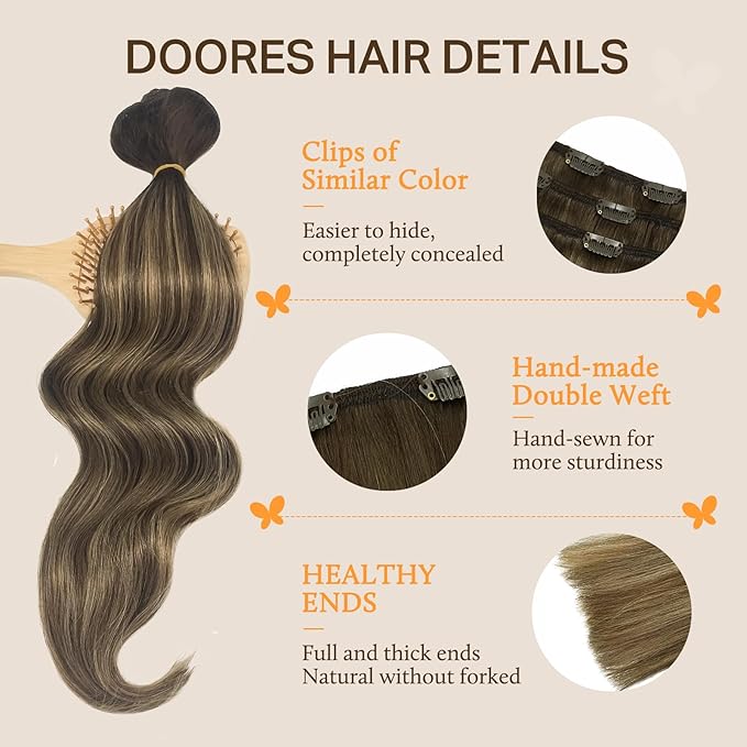 DOORES Clip in Human Hair Extensions, Balayage Chocolate Brown to Caramel Blonde 120g 7pcs 14 Inch, Straight Real Hair Extensions Clip in Remy Natural