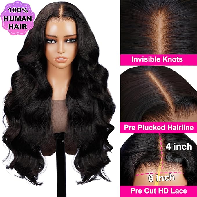 250% Density 6x4 Wear and Go Wig, 100% Human Hair, [2-year life, 250g], Body Wave Glueless Closure Wigs Human Hair Pre Plucked Pre Cut Middle Part, 26 Inch