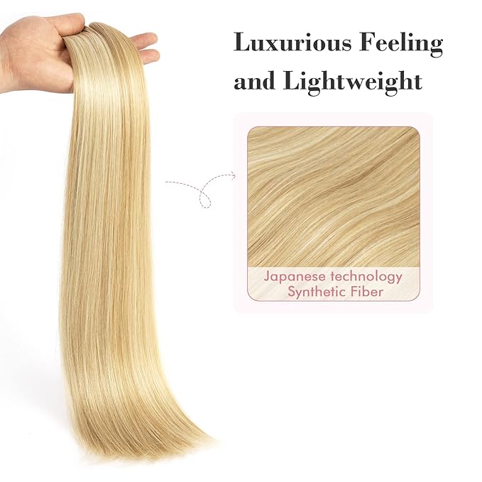 REECHO Clip in Hair Extensions, Hair Extensions Thick Long Lace Weft Lightweight Synthetic Hairpieces for Women (24 Inch-240 Gram(Pack of 5), Golden with Highlights)
