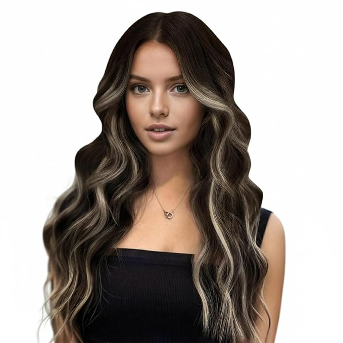 Full Shine Micro Ring Hair Extensions 22 Inch 50G with 7G Micro Beads Darkest Brown Ombre Blonde Highlighted Brown Micro Link Hair Extensions Human Hair Natural Long Hair for Women add Length