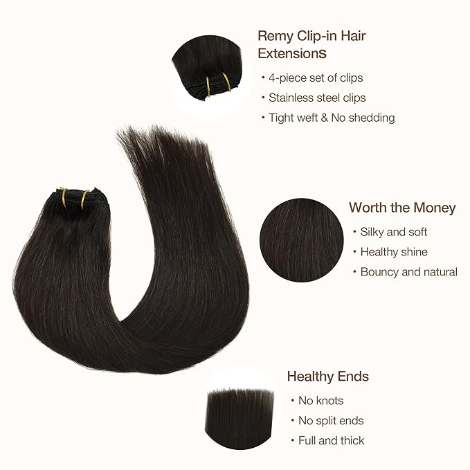 GOO GOO Clip in Hair Extensions Real Human Hair, Remy Human Hair Extensions Clip ins for Women, Natural Human Hair, 16inch 65g 4Pcs, 2 Dark Brown