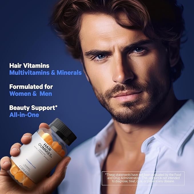 Codeage Hair Gummies, Biotin 5000 mcg, Sugar Free Growth Gummy Vitamins A, C, B6, B12, D3, Zinc, Inositol Supplement, Women & Men, Pantothenic Folic Acid, Nails, Skin, Strawberry Coconut Flavor, 60 ct