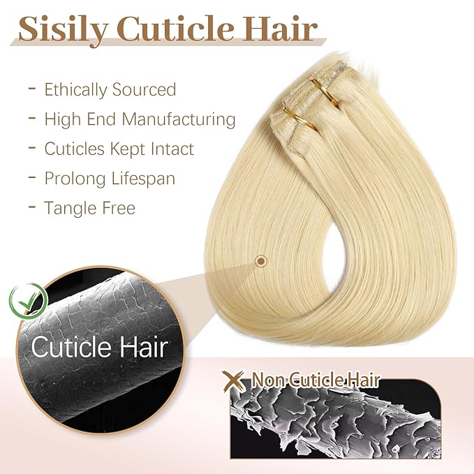 Sisily Clip in Hair Extensions Real Human Hair, 18 inch 120g, Bleach Blonde, 100% Brazilian Remy Human Hair Clip in Extensions Soft Straight 7pcs Per Set with 16 Clips Double Weft