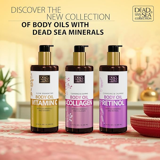Dead Sea Collection Vitamin C Body Oil for Dry & Sensitive Skin – Moisturizing & Hydrating Skin Oil with Vitamin E & Blend of Almond, Grape, Olive, Wheat Germ Oil – Gentle Nourishing Skincare 6.76 oz