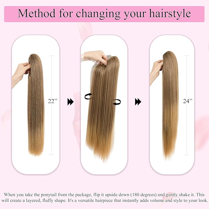 Ponytail Extension, 24" Long Straight Claw Clip Ponytail Extension clip on ponytails hair clip Hair claw clip Fake Ponytail Hairpieces for Women – Dark Brown with Golden Blonde End
