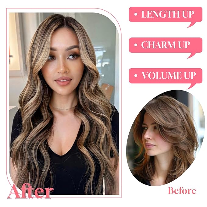 Vigorous Clip in Hair Extensions 20 Inch Brown mix Blonde Hair Extension 4PCS Long Wavy Soft Synthetic Hairpieces for Women