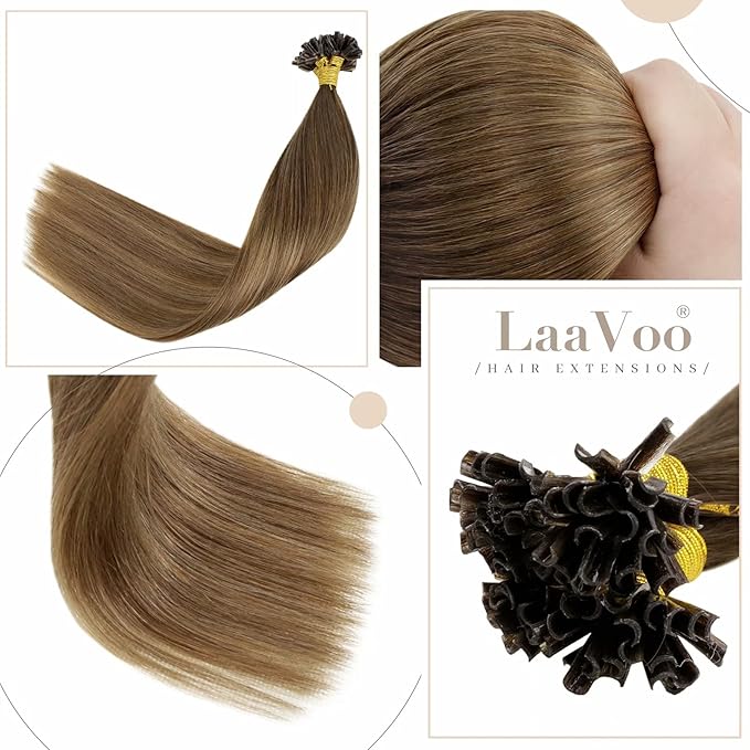 LaaVoo U Tip Hair Extensions Human Hair Balayage Brown K Tip Hair Extensions Real Human Hair Light Brown Mix Golden Brown 14 Inch 50g 50s