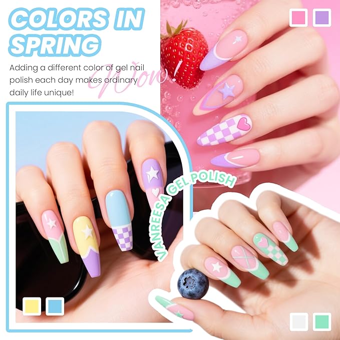 VANREESA 48 Pcs Gel Nail Polish Set 42 Colors Spring Summer Fall Winter Gel Polish with 2 Pcs Base Coat Glossy & Matte & Silver & Golden Top Coat Nail Kit Gifts for Women Girls Nail Art Salon at Home