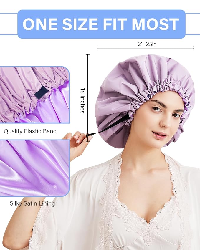Aquior Shower Cap,Extra Adjustable Shower Caps for Women Double-Layer Waterproof Reusable Hair Cap, Large Size Hair Cap for All Hair,for Girls Spa Bath,Soft and Comfortable (Purple)