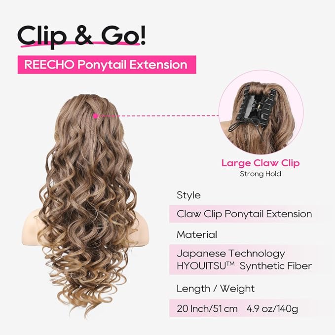 REECHO Ponytail Extension, 24" Claw Clip in Ponytail Extensions Long Curly Wavy Jaw Clip on Pony Tails Hairpiece for Women, Dark Ash Blonde with Golden Ends