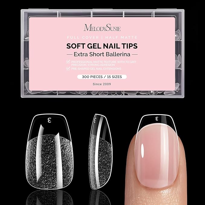 MelodySusie Extra Short Ballerina X Nail Tips - 300Pcs 15Sizes Clear Acrylic, Half Matte Full Cover Press on Nails for DIY Extension & Salon Use, Pre-Shaped for Long-Lasting Manicure