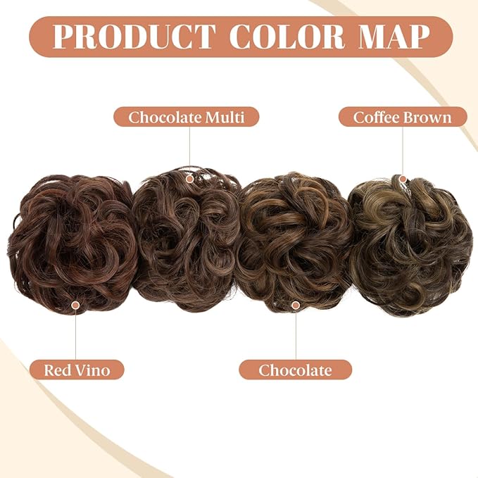 CJL HAIR 2PCS Messy Bun Hair Pieces Wavy Curly Synthetic Updo Chignon Fake Scrunchies Ponytail Extension for Women Coffee Brown