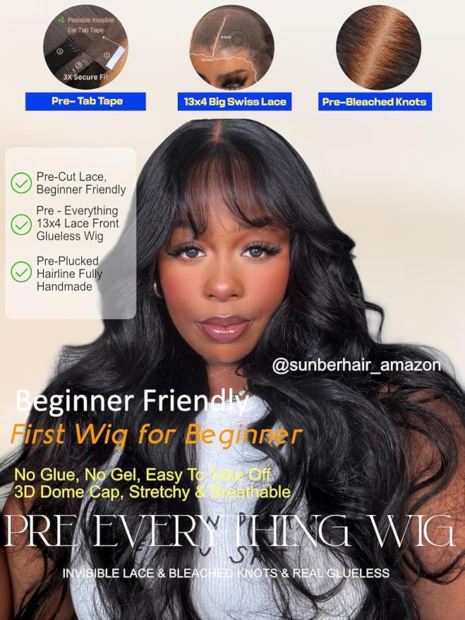 Sunber Put On and Go Glueless Wigs Pre Plucked Pre Bleached Human Hair Loose Wace With Curtain Bangs Bye Bye Knots Pre Cut Lace 13X4 HD Lace Front Wig 16Inch