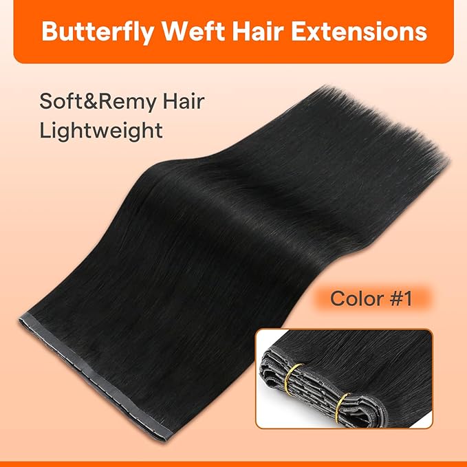 Full Shine Butterfly Weft Hair Extensions Remy Human Hair 24 Inch Invisible Pu Hole Weft Extensions Color Jet Black Genius Weft Extensions Real Hair Micro Ring Hair 100 Grams