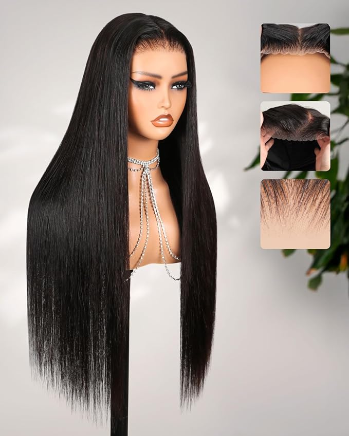 6x5 HD Lace Closure Wig - 30 Inch Straight 220% Density Human Hair Glueless Wear and Go with Pre Plucked Hairline & Bleached Knots