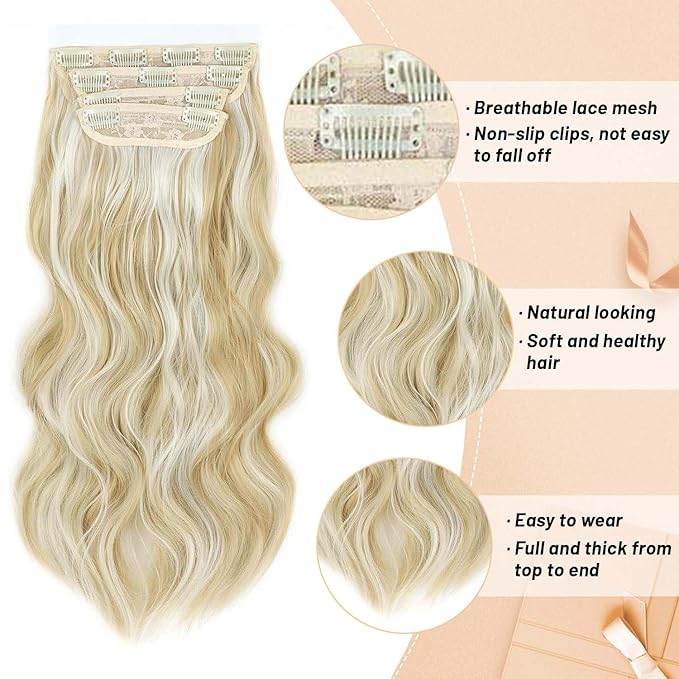 4pcs Highlights Clip in Synthetic Hair Extension for Women Dark Ash Blonde Mixed Bleach Blonde Long Wavy Natural Hairpieces 20 Inch Double Weft Hairpieces Full Head For Women (20INCH, P86/613)