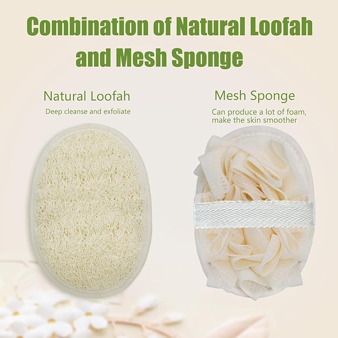 Loofah Sponge Exfoliating Body Scrubber, Double-Sided Natural Loofah Pads & Bath Shower Sponge Mesh Pouf Ball for Women and Men, Travel-Friendly Body scrubbers, Deep Clean & Exfoliation