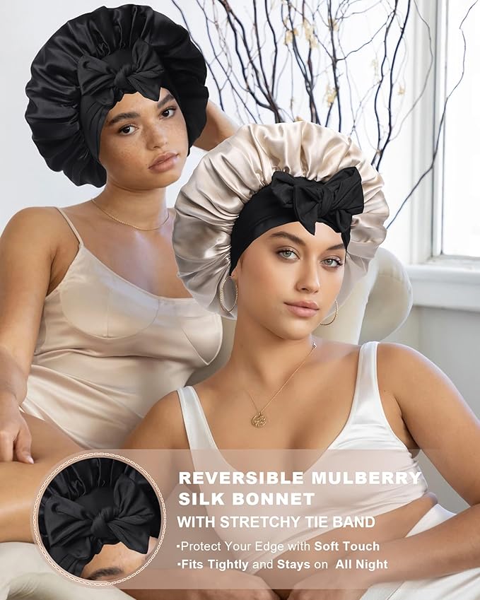 Mulberry Silk Bonnet Sleeping Women Curly Hair Bonnets Tie Band Double Layer Reversible Sleep Bonnet Silk Hair Wrap Sleep Cap