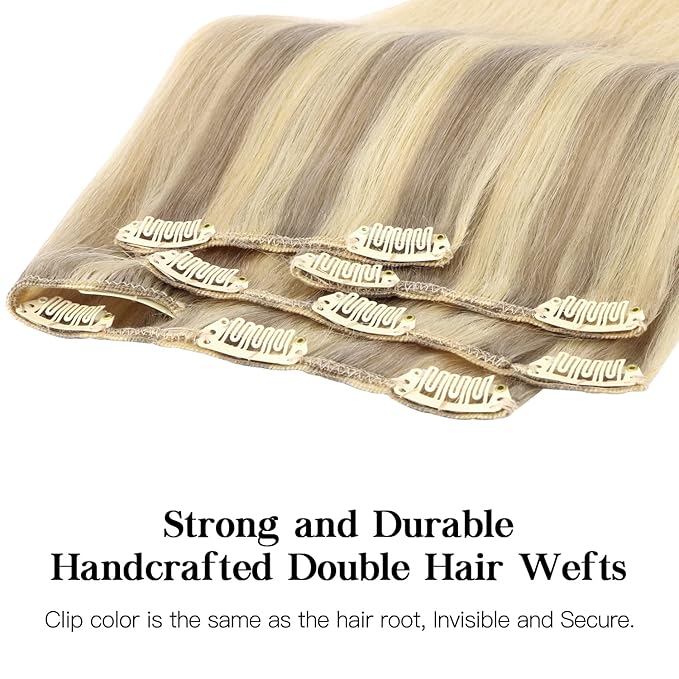 HOTBANANA Human Hair Clip in Hair Extensions, Ash Blonde to Golden Blonde and Platinum Blonde Hair Extensions 120g Clip in Hair Extensions Real Human Hair Straight Remy Hair 24 Inch 7pcs