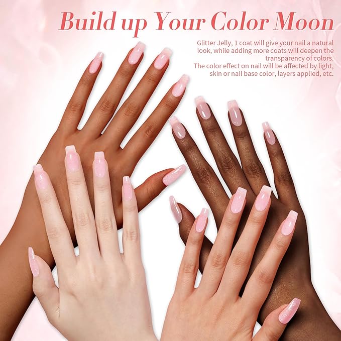 Born Pretty Jelly Gel Nail Polish Jelly Glitter Pink Gel Polish Holographic Shimmer Pink Natural Translucent Soak Off Hema-Free Gel Polish Nail Art DIY 15ML