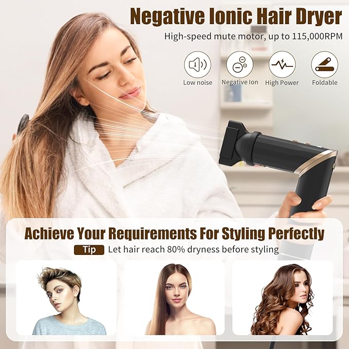 8 in 1 Hot Air Styler and Hair Dryer Brush, 110000 RPM High-Speed Blow Dryer with Negative lons for Frizz-Free Styling Fast Drying Curling Straightening Volumizing Without Heat Damage