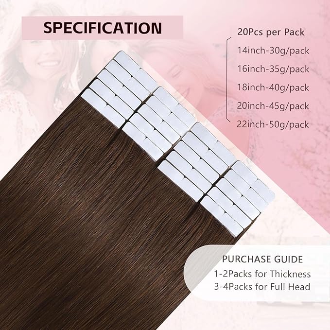 Injection Tape in Hair Extensions Real Human Hair 3rd-Generation Pro3.0#4 Chocolate Brown 20pcs 35g 16inch Injected Hand-Tied Invisi Edge Invisible Tape ins Extensions（#4-16inch）
