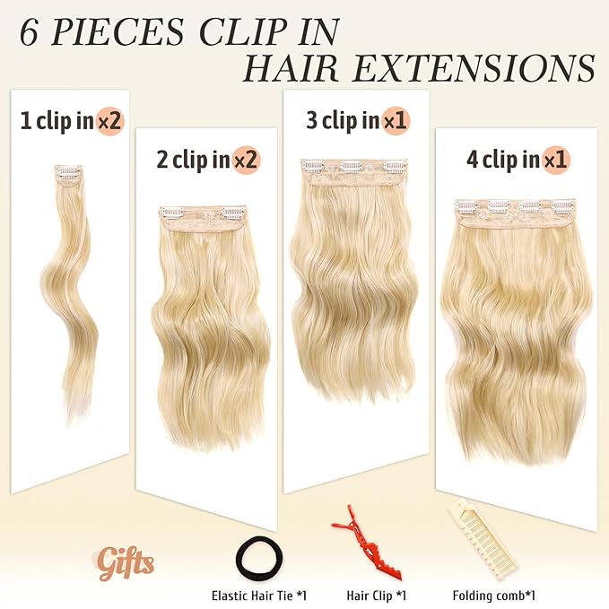 NAYOO Clip in Hair Extensions for Women 14 Inch Short Wavy Curly Blonde Mix Bleach Blonde Hairpieces Full Head Synthetic Hair Hairpieces(6PCS,Blonde Mix Bleach Blonde)