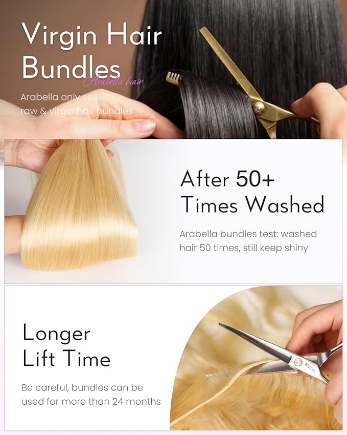 Arabella 613 Straight Bundles Human Hair 20 22 24 Inch Blonde Hair 100% Unprocessed Brazilian Virgin Hair 10A Weave Sew in Double Weft 3 Bundles Human Hair 613 Hair Extensions for Women