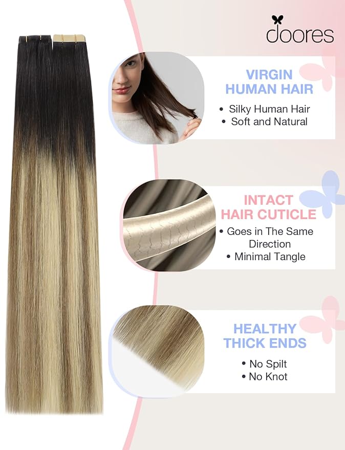DOORES Invisi Edge Tape in Human Hair Extensions, Dark Brown to Dirty Blonde 10 Injection Tape-ins with 10 Classic Tape-ins 50g 20 Inch, Injected Tape in Extensions Virgin Human Hair