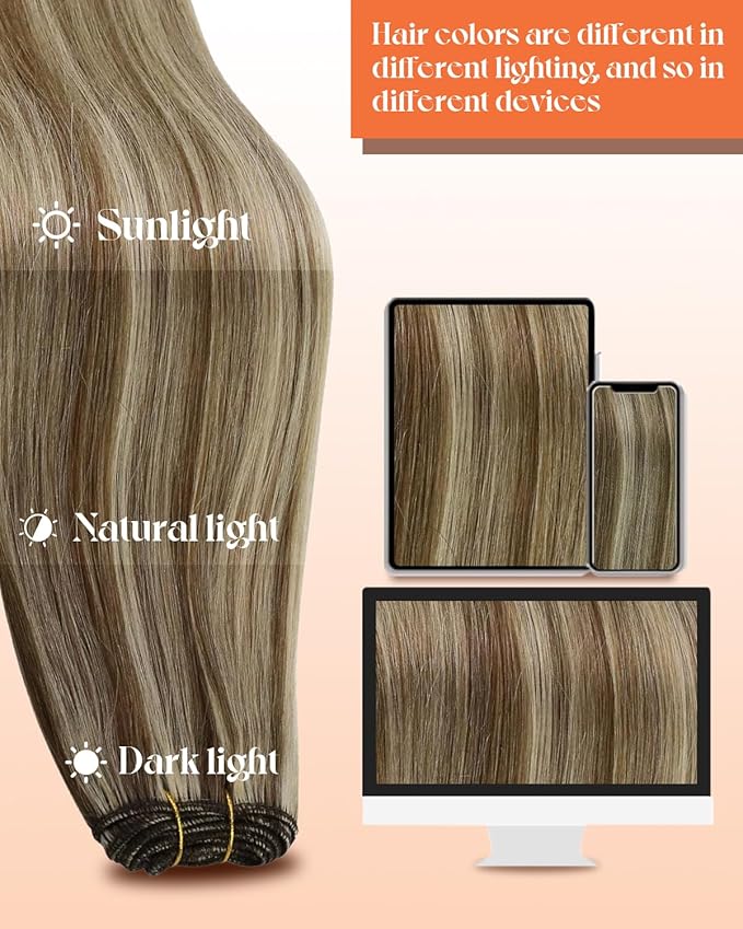 Sunny Hair Sew in Hair Extensions Real Human Hair Highlights Human Hair Weft Extensions Light Brown Mix Platinum Blonde Sew in Weft Hair Extensions Human Hair Add Hair Volume 12inch 70g