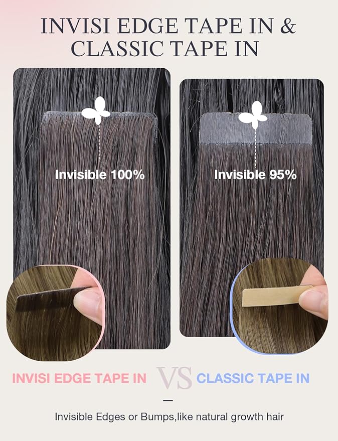 DOORES Invisi Edge Tape in Hair Extensions, Ash Brown to Platinum Blonde 10 Injection Tape-ins with 10 Classic Tape-ins 50g 22 Inch, Injection Tape in Virgin Human Hair